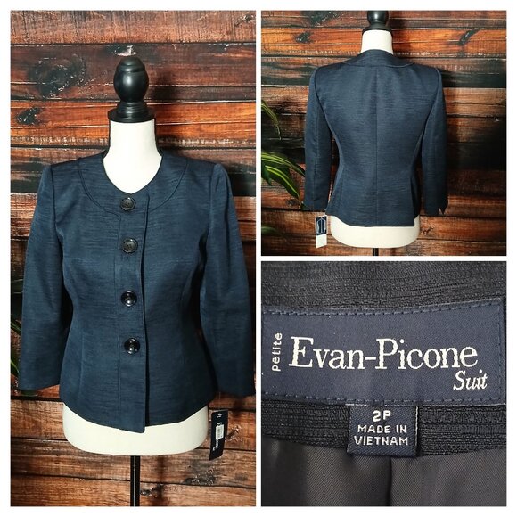 NWT Evan Picone Blazer Jacket 2 Petite Bradford Navy Blue Cropped 3/4 Sleeves - Picture 1 of 12